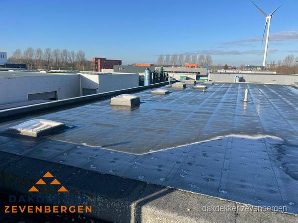 Plat dak bedrijfspand met bitumen dakbedekking en lichtkoepels in Zevenbergen Plat dak bedrijfspand met bitumen dakbedekking en lichtkoepels in Zevenbergen